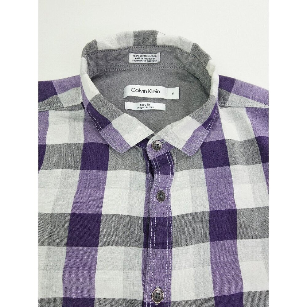Calvin Klein Body Fit Size Medium Mens Purple Gray White Check Logo Tag Shirt